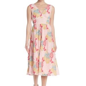 NSR women’s pink lace lined multi coloured midi length v-neck dress